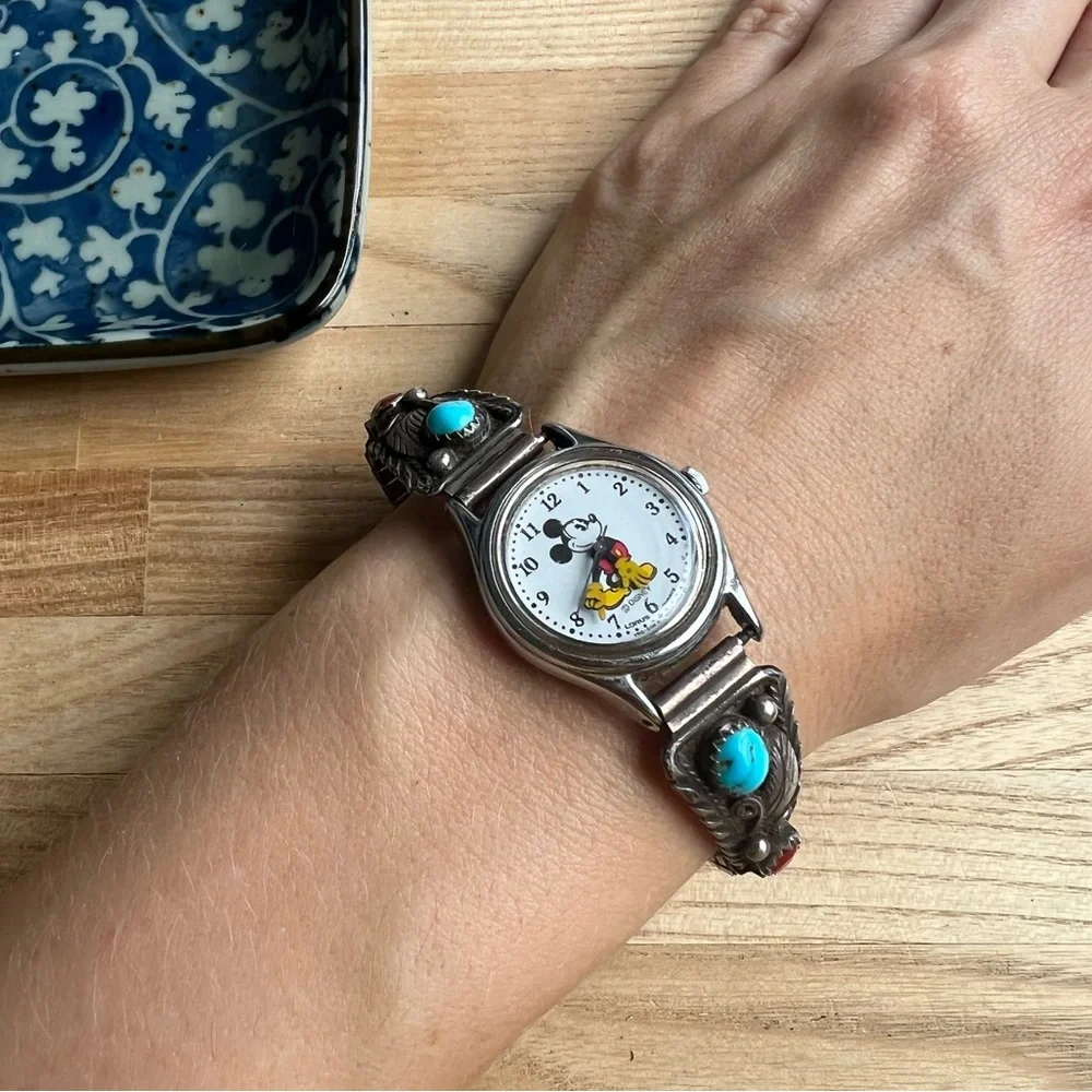 VTG Lorus Mickey Mouse ladies watch with Sterling silver Native American wings
